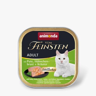 Вологий корм для котів Animonda Vom Feinsten Adult Turkey, Chicken breast + Herbs | 100 г (індичка, курка та трави), 100 г, Корм вологий, З чутливим травленням, Індичка, Супер преміум, 52грн