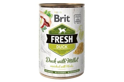 Вологий корм для собак Brit Fresh Duck Millet 400 г з качкою і пшоном (консерва), 400 г, Корм вологий, Дорослі, Основний корм, Качка, Холістік, 145грн