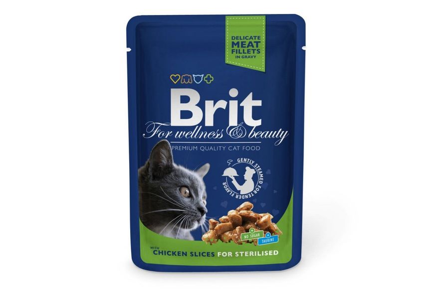 Влажный корм для стерилизованных котов Brit Premium Cat pouch 100 г с курицей (пауч), 100 г, Корм влажный, Взрослые, Для стерилизованных, Курица, Премиум, 27грн, BRIT
