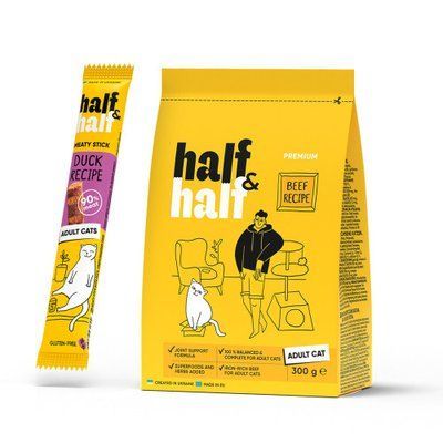 АКЦИЯ HalfHalf - Корм сухой для взрослых кошек с говядиной 300 г + Лакомство мясные палочки для кошек с уткой 5 г, 300 г, Корм сухой, Взрослые, Основной корм, Говядина, Премиум, 15грн