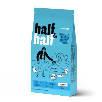 Сухой корм для щенков Half&Half Puppy - говядина, 12 кг, Корм сухой, Щенок, Основной корм, Говядина, Премиум, 367грн