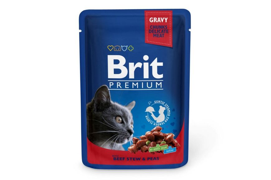 Вологий корм для котів Brit Premium Cat pouch 100 г з тушкованою яловичиною та горошком (пауч), 100 г, Корм вологий, Дорослі, Основний корм, Яловичина, Преміум, 27грн