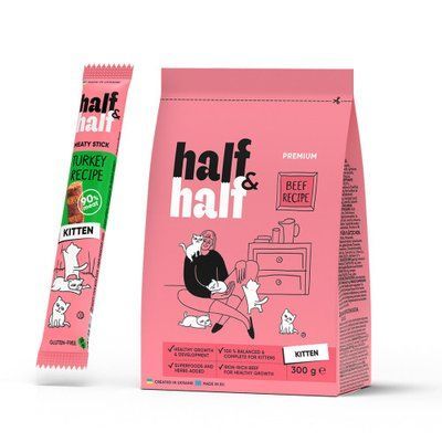 АКЦИЯ HalfHalf - Корм сухой для котят с говядиной 300 г + Лакомство мясные палочки для котят с индейкой 5 г, 300 г, Корм сухой, Котята, Основной корм, Говядина, Премиум, 13грн