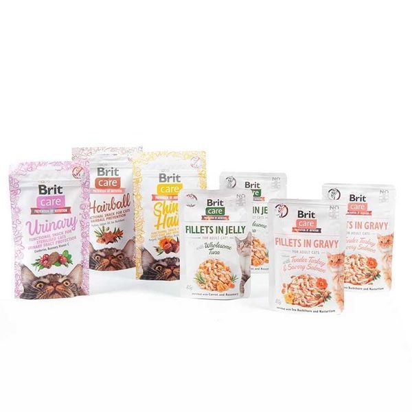 Brit Care (Бріт Кеа) Cat - Новорічний подарунковий бокс для котів, 85г х 4шт+ 50г х 3шт, Корм вологий, Дорослі, Для здоров'я шкіри та шерсті, Асорті, Супер преміум, 80грн