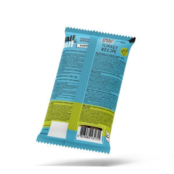 Ласощі для цуценят Half&Half Tender Sticks Puppy 100 г - індичка, 100 г, Ласощі, Цуценята, Для заохочення, Індичка, Преміум, 15грн