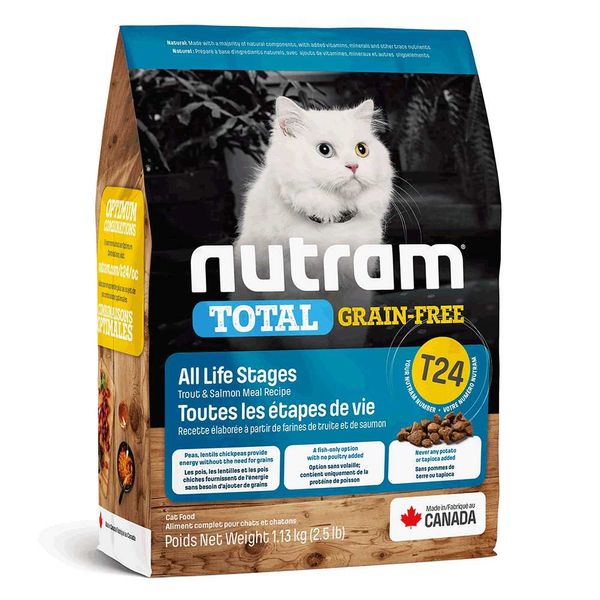 Nutram Total Grain-Free T24 Холистик беззерновой корм для кошек с форелью и лососем, 340 г, Корм сухой, все стадии жизни, Основной корм, Лосось, Холистик, 260грн