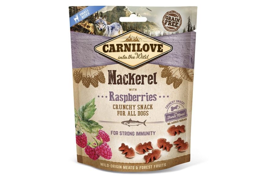 Лакомство для собак Carnilove Dog Crunchy Snack со скумбрией и малиной 200 г, 200 г, Лакомства, Взрослые, Для поощрения, Скумбрия, Холистик, 169грн