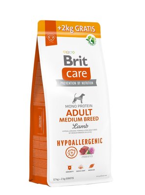 Корм для собак середніх порід Brit Care Dog Hypoallergenic Adult Medium Breed гіпоалергенний з ягням, 12кг+2кг, Корм сухий, Дорослі, Основний корм, Ягня, Супер преміум, 2974грн