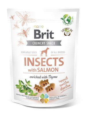 Лакомство для собак Brit Care Dog Crunchy Cracker - насекомые, лосось и тимьян, 200 г, Лакомства, Взрослые, С чувствительным пищеварением, Лосось, Супер премиум, 41грн