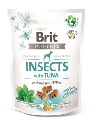 Лакомство для собак Brit Care Dog Crunchy Cracker - насекомые, тунец, мята, 200 г, Лакомства, Взрослые, Для гигиены полости рта, Тунец, Супер премиум, 41грн