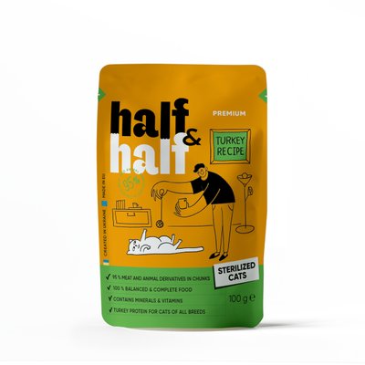 Вологий корм для котів Half&Half Sterilized pouch 100 г - індичка, 100 г, Корм вологий, Дорослі, Для стерилізованих, Індичка, Преміум, 19грн