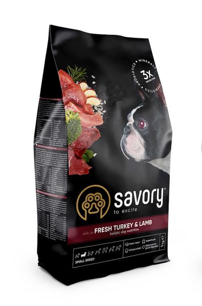 Сухий корм для собак малих порід Savory Small Breed rich in Fresh Turkey & Lamb (індичка та ягня), 1 кг, Корм сухий, Дорослі, Основний корм, Індичка, Холістік, 353грн