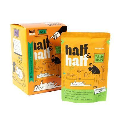 Набор влажных кормов Half&Half "5+1" для стерилизованных кошек, кусочки с индейкой в желе, паучи, 6 шт*100 г, 6 шт*100 г, Корм влажный, Взрослые, Для стерилизованных, Индейка, Премиум, 23грн