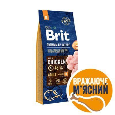 Сухий корм для собак середніх порід вагою від 10 до 25 кг Brit Premium Dog Adult M з куркою, 15 кг, Корм сухий, Дорослі, Основний корм, Курка, Преміум, 509грн