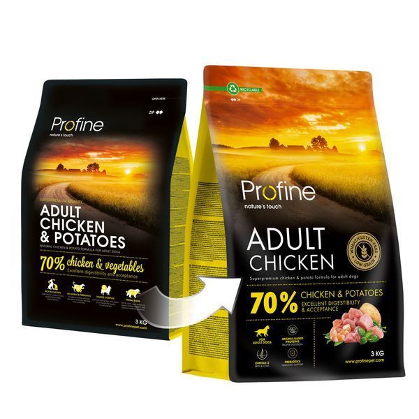 Корм сухой Profine Chicken and Potatoes для взрослых собак всех пород, с курицей и картофелем, 3 кг, Корм сухой, Взрослые, С чувствительным пищеварением, Курица, Супер премиум, 122грн