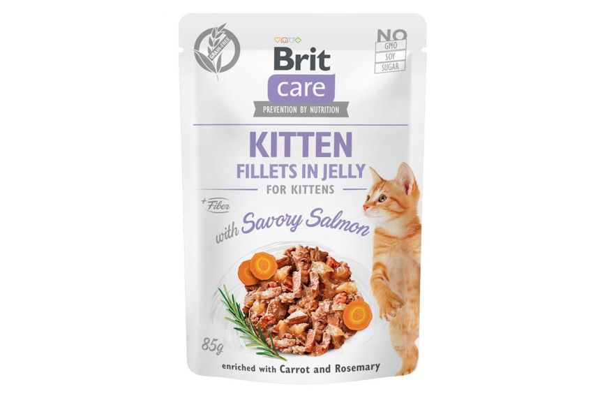 Влажный корм для котят Brit Care Cat pouch 85 г (лосось в желе), 85 г, Корм влажный, Котята, Основной корм, Лосось, Супер премиум, 45грн, BRIT