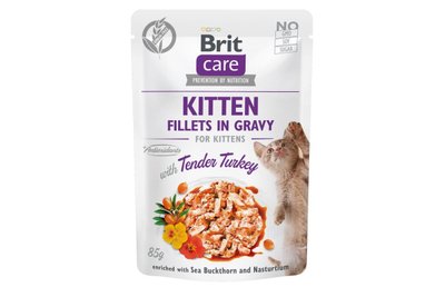 Влажный корм для котят Brit Care Cat pouch филе индейки в соусе 85 г, 85 г, Корм влажный, Котята, Основной корм, Индейка, Супер премиум, 45грн