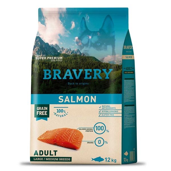 Bravery Adult Large & Medium Salmon Сухой корм с лососем для собак средних и крупных пород, 12 кг, Корм сухой, Взрослые, Основной корм, Лосось, Супер премиум, 3563грн