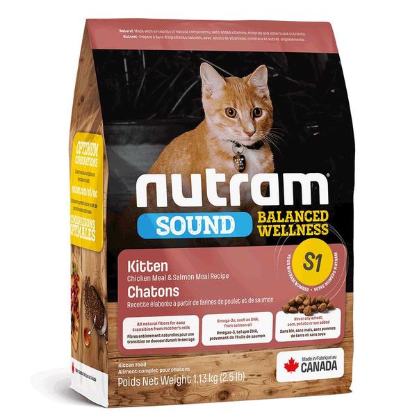 Nutram Sound Kitten S1 Холістік корм для кошенят з куркою і лососем, 340 г, Корм сухий, Кошенята, Основний корм, Курка, Холістік, 222грн