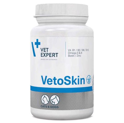 Пищевая добавка VetExpert VetoSkin для здоровья кожи и шерсти у кошек и собак, 60капс, Витамины и добавки, Взрослые, Для здоровья кожи и шерсти, 737грн