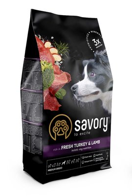 Сухий корм для собак середніх порід Savory Medium Breed rich in Fresh Turkey & Lamb (індичка та ягня), 3 кг, Корм сухий, Дорослі, Основний корм, Індичка, Холістік, 890грн