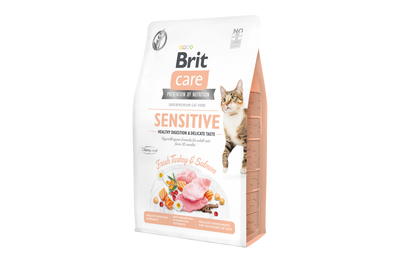 Сухой гипоаллергенный корм для привередливых кошек Brit Care Cat GF Sensitive Digestion & Delicate Taste с индейкой и лососем, 400 г, Корм сухой, Взрослые, Для прихотливых, Индейка, Супер премиум, 205грн