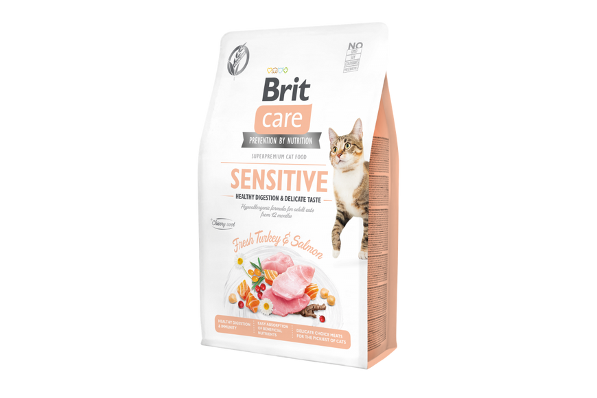 Сухой гипоаллергенный корм для привередливых кошек Brit Care Cat GF Sensitive Digestion & Delicate Taste с индейкой и лососем, 400 г, Корм сухой, Взрослые, Для прихотливых, Индейка, Супер премиум, 205грн
