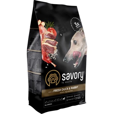 Сухой корм для собак всех пород Savory Adult All Breeds rich in Fresh Duck & Rabbit (кролик и утка), 1 кг, Корм сухой, Взрослые, Основной корм, Утка, Холистик, 413грн