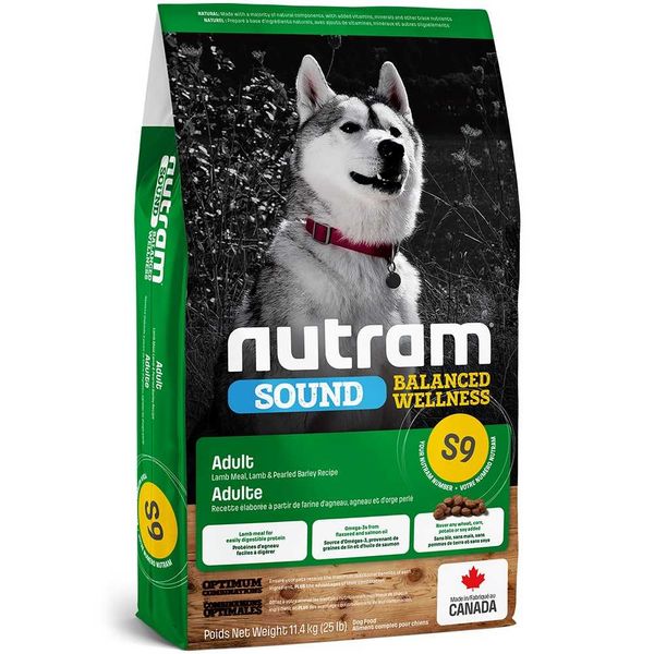 Nutram Sound Adult Lamb S9 Холистик корм для собак с ягненком и ячменем, 2кг, Корм сухой, Взрослые, Основной корм, Ягненок, Холистик, 815грн