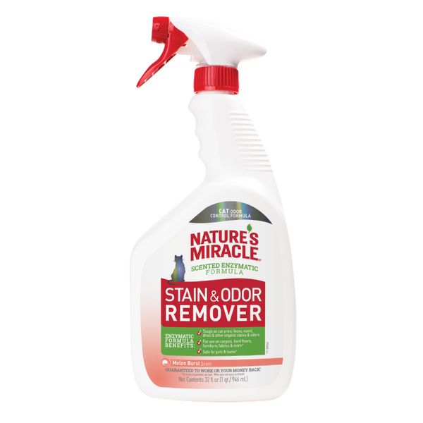 Спрей-знищувач плям і запахів від котів Nature's Miracle «Stain & Odor Remover. Melon Burst Scent», з ароматом дині 946 мл, 946 мл, Догляд та гігієна, Усунення запахів, 672грн