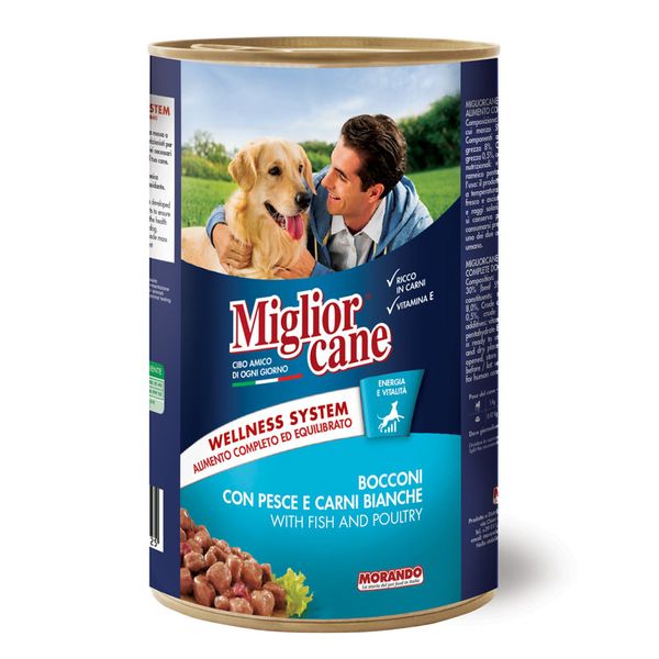 Влажный корм для собак Migliorcane 1250 г (рыба и белое мясо), 1250 г, Корм влажный, Взрослые, Основной корм, Рыба, Премиум, 138грн