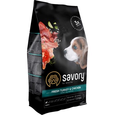 Сухой корм для щенков Savory Puppy rich in Fresh Turkey & Chicken (индейка и курица), 1 кг, Корм сухой, Щенок, Основной корм, Курица, Холистик, 333грн