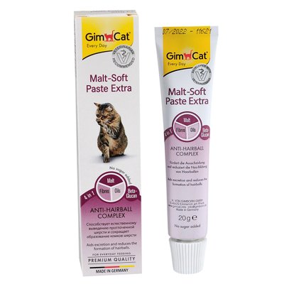 Паста для котів GimCat Malt-Soft Extra (для виведення шерсті), 20 г, Вітаміни та добавки, Дорослі, Для виведення шерсті, Супер преміум, 141грн