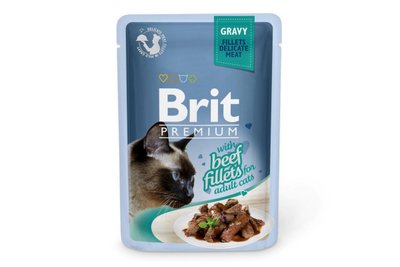 Вологий корм для котів Brit Premium Cat pouch 85 г філе яловичини в соусі (пауч), 85 г, Корм вологий, Дорослі, Основний корм, Ягня, Преміум, 32грн, BRIT