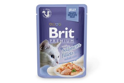 Вологий корм для котів Brit Premium Cat pouch 85 г філе лосося в желе (пауч), 85 г, Корм вологий, Дорослі, Основний корм, Лосось, Преміум, 35грн