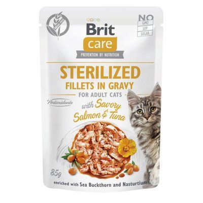 Корм влажный для стерилизованных кошек Brit Care Cat Sterilized филе в соусе с лососем и тунцом, пауч, 85 г, 85 г, Лакомства, Взрослые, Для стерилизованных, Лосось, Супер премиум, 13грн