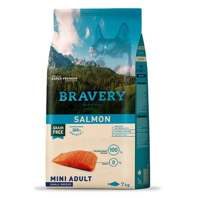 Bravery Mini Adult Salmon Сухой корм с лососем для мелких пород собак, 2кг, Корм сухой, Взрослые, Основной корм, Лосось, Супер премиум, 870грн