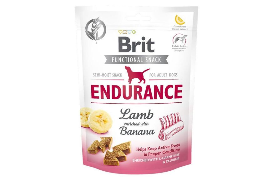 Функциональные лакомства для активных собак Brit Care Endurance с ягненком и бананом 150 г, 150 г, Лакомства, Взрослые, Для поощрения, Ягненок, Супер премиум, 169грн