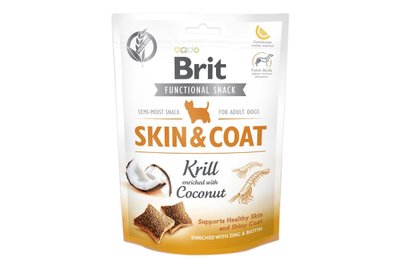 Функциональные лакомства для здоровья кожи и шерсти для собак Brit Care Skin & Coat с крилем и кокосом 150 г, 150 г, Лакомства, Взрослые, Для поощрения, Криль, Супер премиум, 169грн