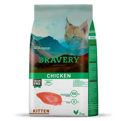 Bravery Kitten Chicken Сухий корм з куркою для кошенят, 2кг, Корм сухий, Кошенята, Основний корм, Курка, Супер преміум, 821грн
