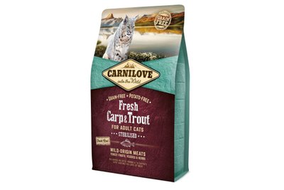 Сухий корм холістік Carnilove Fresh Carp & Trout Sterilised for Adult cats, 400 г, Корм сухий, Дорослі, Для стерилізованих, Короп, Холістік, 313грн