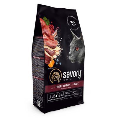 Корм сухий Savory Adult Cat Steril Fresh Turkey with Duck для стерилізованих котів з індичкою та качкою , 400 г, Корм сухий, Дорослі, Для стерилізованих, Індичка, Холістік, 60грн