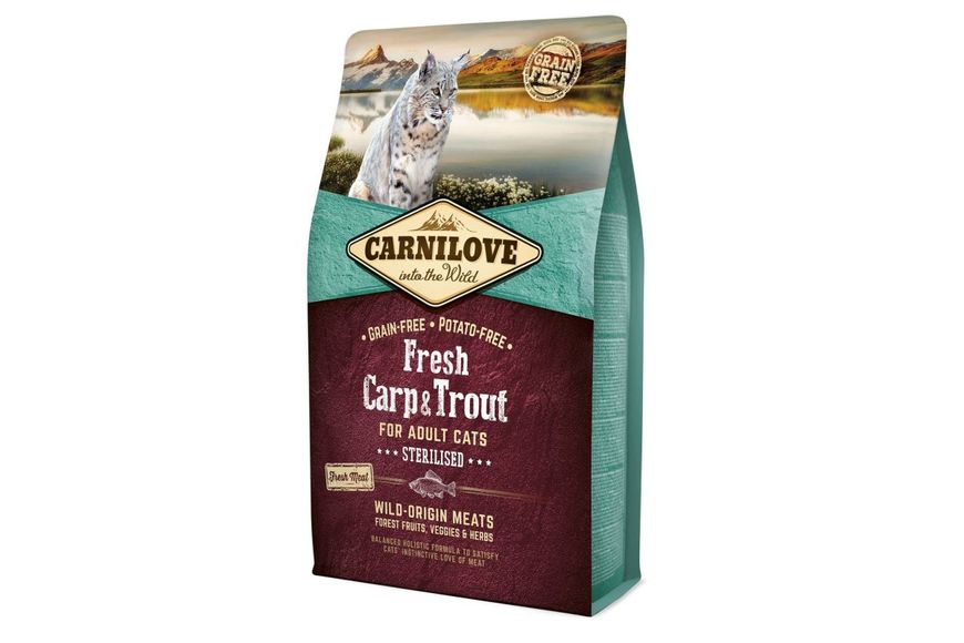 Сухой корм холистик Carnilove Fresh Carp & Trout Sterilised for Adult cats, 400 г, Корм сухой, Взрослые, Для стерилизованных, Карп, Холистик, 313грн