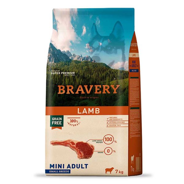 Bravery Mini Adult Lamb Сухий корм з ягням для дрібних порід собак, 2кг, Корм сухий, Дорослі, Основний корм, Ягня, Супер преміум, 827грн