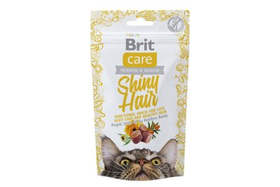 Функціональні ласощі для блискучої щерсті котів Brit Care Cat Snack Shiny Hair з лососем 50г, 50 г, Ласощі, Дорослі, Для здоров'я шкіри та шерсті, Лосось, Супер преміум, 82грн