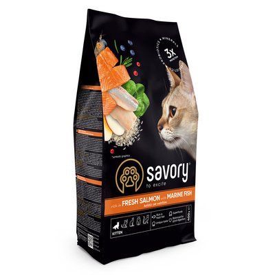 Корм сухий Savory Kitten rich in Fresh Salmon with Marine Fish для кошенят всіх порід зі свіжим лососем та морською рибою, 400 г, Корм сухий, Кошенята, Основний корм, Лосось, Холістік, 65грн