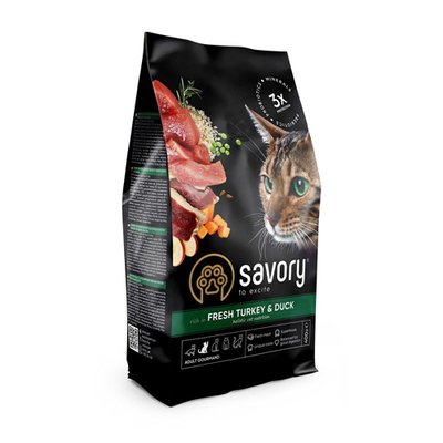 Сухой корм для взрослых капризных кошек Savory Adult Cat Gourmand Fresh Turkey & Duck, 400 г, Корм сухой, Взрослые, Для активных, Индейка, Холистик, 234грн