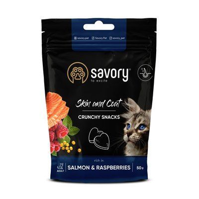 Хрумкі ласощі Savory для здоров'я шкіри та вовни, лосось з малиною, 50 г, 50 г, Ласощі, Дорослі, Для здоров'я шкіри та шерсті, Лосось, Холістік, 27грн