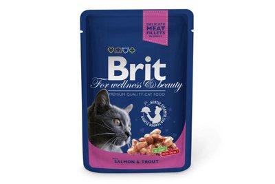 Влажный корм для котов Brit Premium Cat pouch 100 г с лососем и форелью (пауч), 100 г, Корм влажный, Взрослые, Основной корм, Лосось, Премиум, 25грн, BRIT