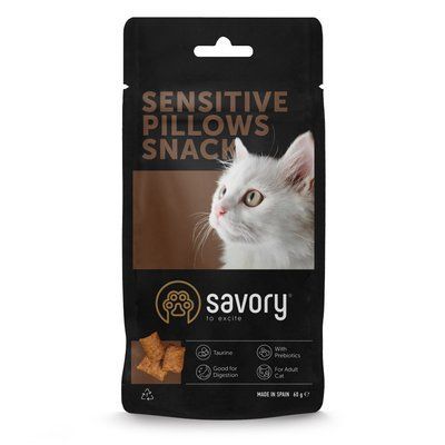 Хрумкі ласощі Savory Cats Snacks Pillows Sensitive для дорослих котів з чутливим травленням, 60 г, 60 г, Ласощі, Дорослі, Для імунітету, Курка, 23грн